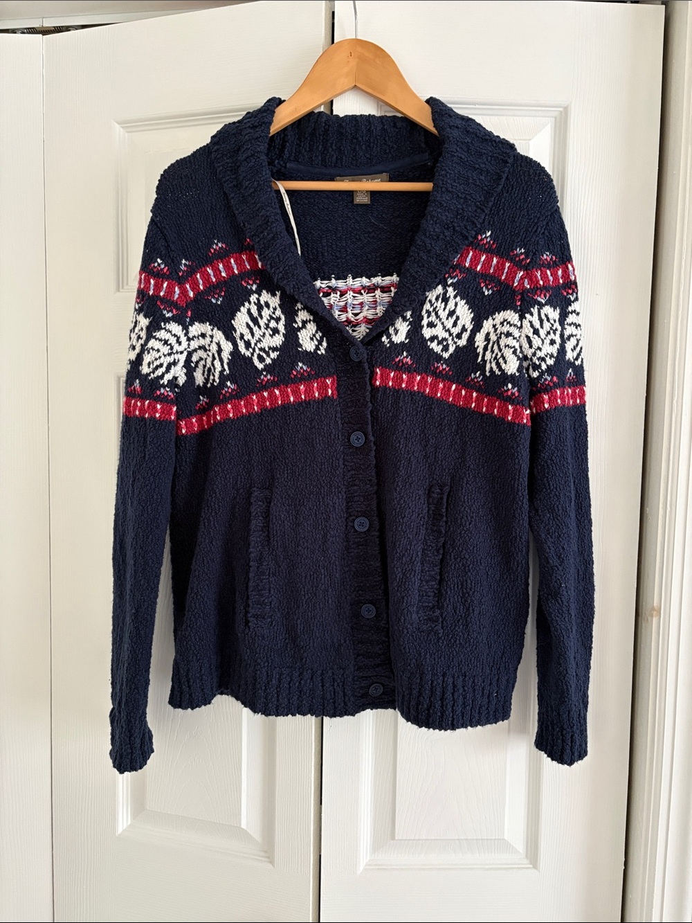 Tommy Bahama Navy Cardigan Sweater with Red and White Fair Isle Accents